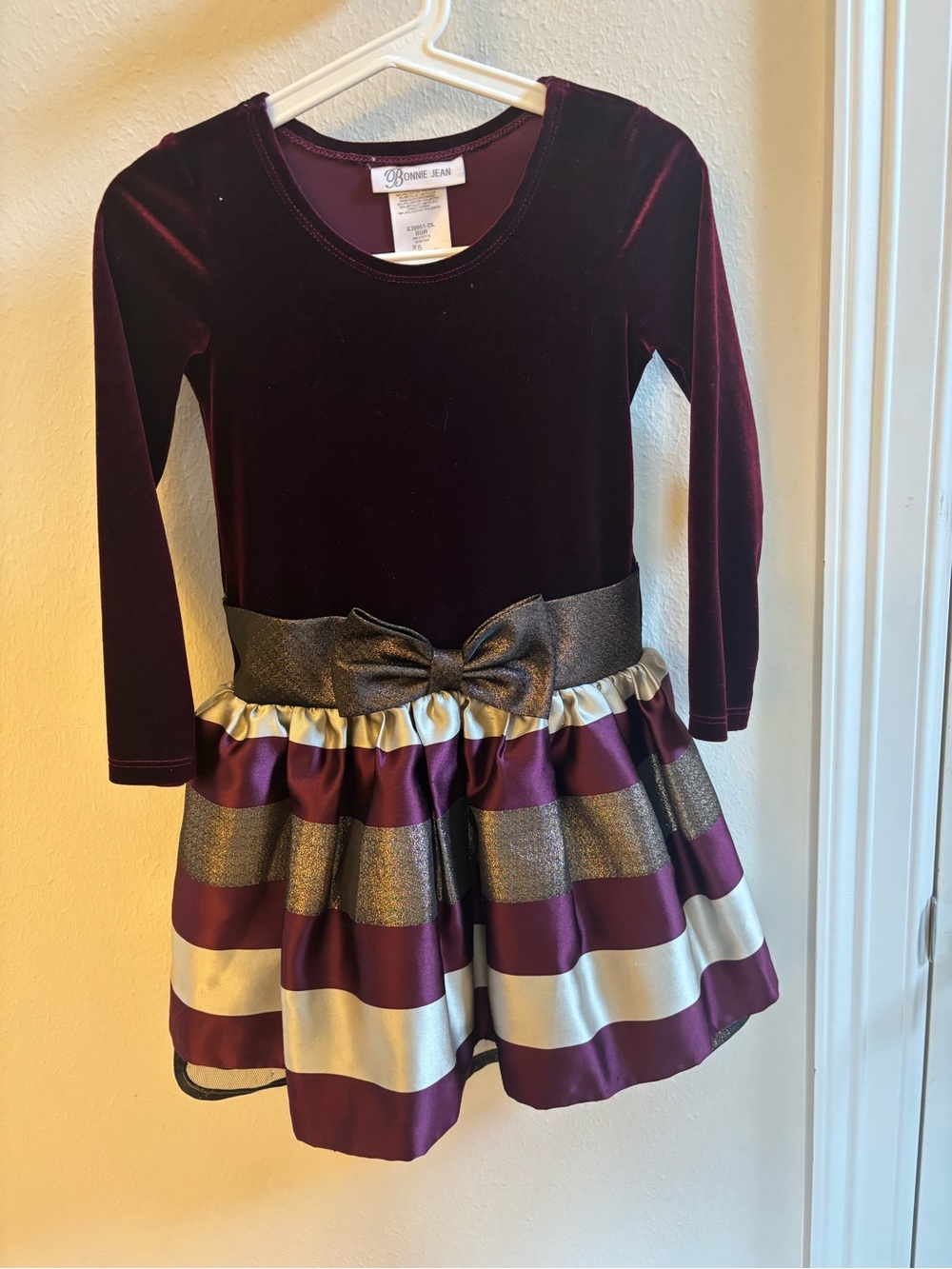 Bonnie Jean Girls' Dress Burgundy Velvet Top with Gold & Cream Striped Skirt
